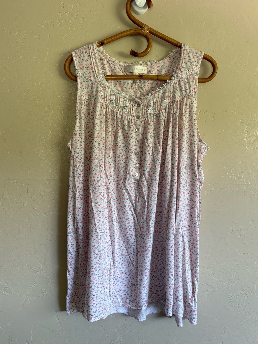 Eileen West Dainty Floral Pink White Lace Trim Soft Cotton Short Nightgown XL